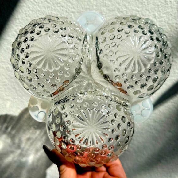 Vintage Fenton Moonstone Opalescent Hobnail Divided Dish with 3 Sections - Picture 6 of 7